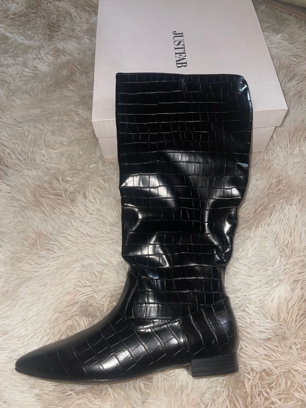 JustFab Black Croc-Embossed Pointed Knee Boot